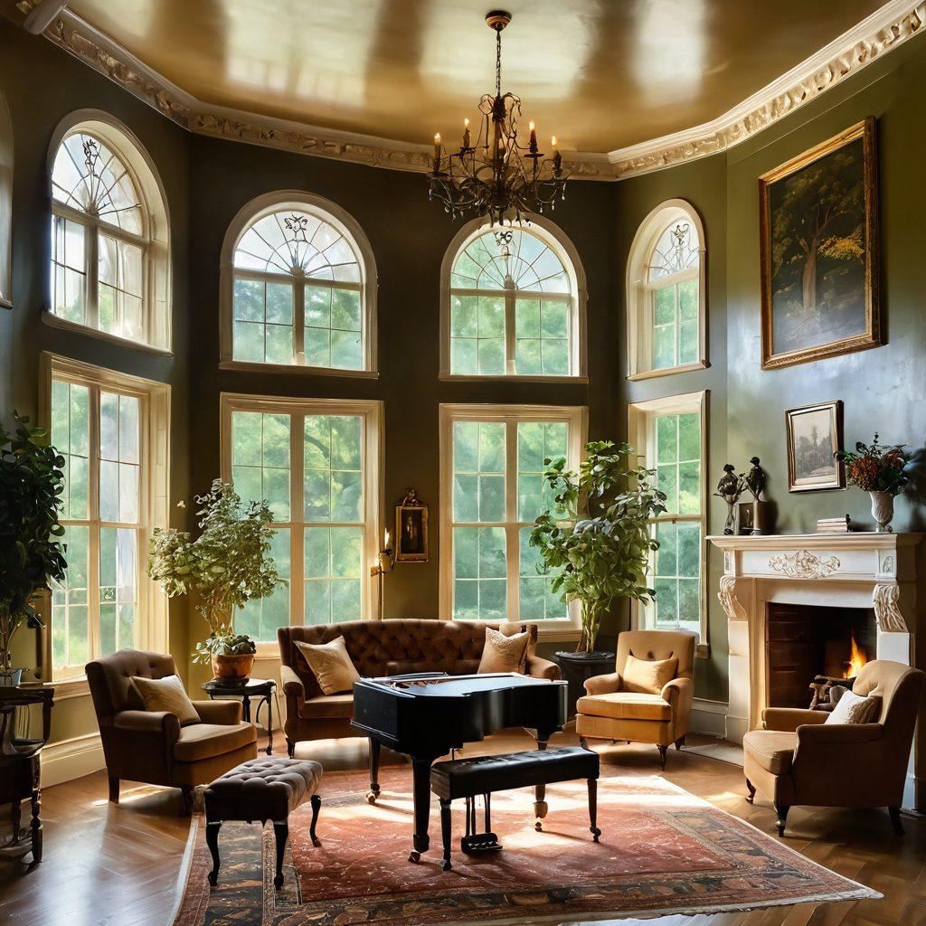 A serene manor surrounded by lush greenery, symbolizing ancestral connection; an ornate family tree displayed prominently on a grand wall inside, with joyful families depicted in warm interactions. Sunlight filters through large windows, casting soft shadows. Include a cozy fireplace with ancestral portraits and a grand piano in the corner, illustrating a sense of legacy. vintage painting. warm tones. inviting atmosphere.