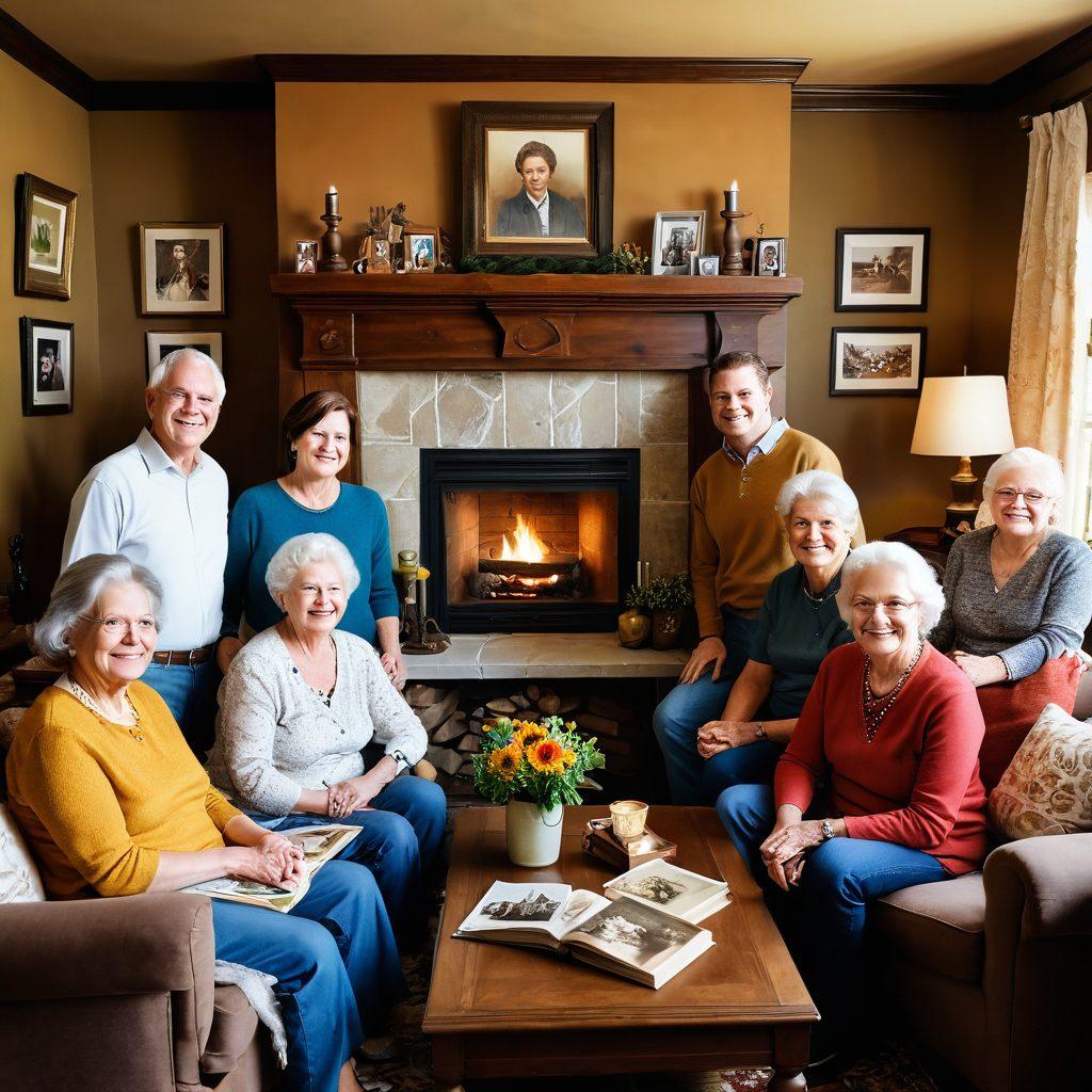 A warm, inviting family gathering scene, showcasing multiple generations smiling and sharing stories in a cozy living room filled with family photos and heirlooms. Vibrant colors highlight the joy of togetherness, while a fireplace adds a touch of warmth. Include elements like a family tree mural and a table with old photo albums, symbolizing the legacy of ancestry. super-realistic. vibrant colors. cozy atmosphere.