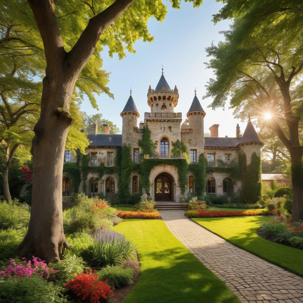 A majestic family castle surrounded by lush gardens, symbolizing heritage and legacy. Include joyful families exploring their roots, with colorful banners representing various ancestries fluttering in the breeze. Sunlight filtering through trees, creating a warm, inviting atmosphere that evokes feelings of joy and belonging. Blend ancient architecture with modern touches to signify the connection between history and present. vibrant colors. super-realistic.